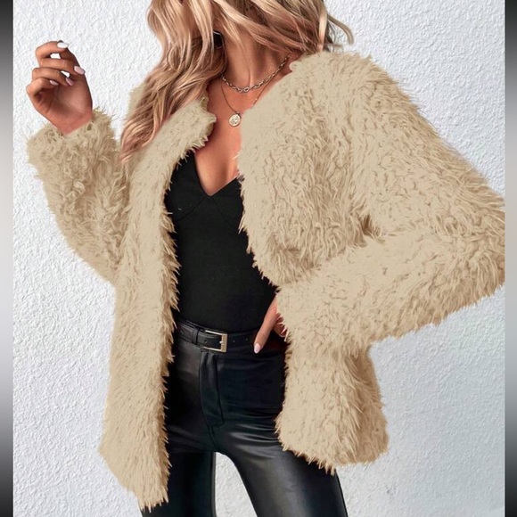 Luxe khaki cozy open front teddy coat jacket - Picture 2 of 6